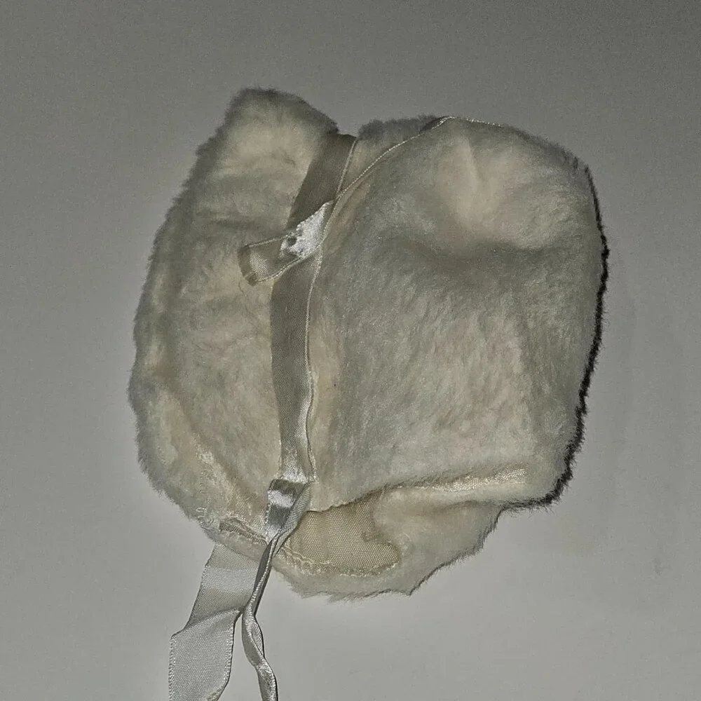 VTG Penney's Toddletime Baby Bonnet White Ivory SOFT Faux Fur? Satin Lace Trim